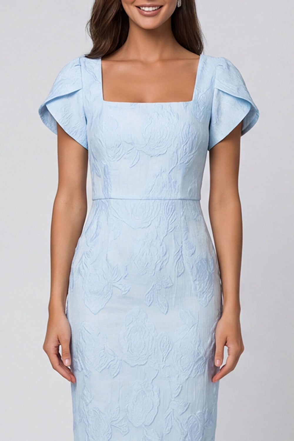 Square Neck Sky Blue Brocade Sheath Midi Work Dress