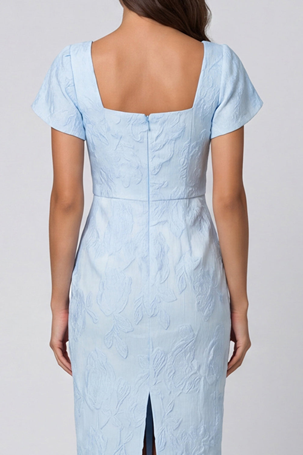 Square Neck Sky Blue Brocade Sheath Midi Work Dress