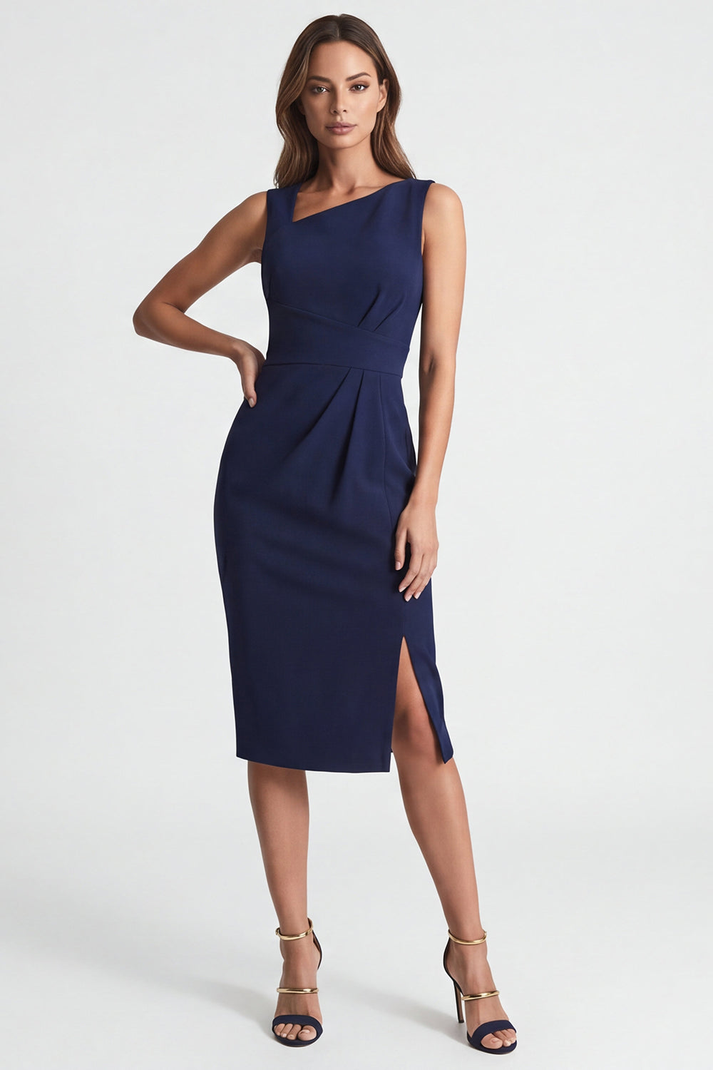 Robe de travail fourreau mi-longue asymétrique bleu marine avec fente