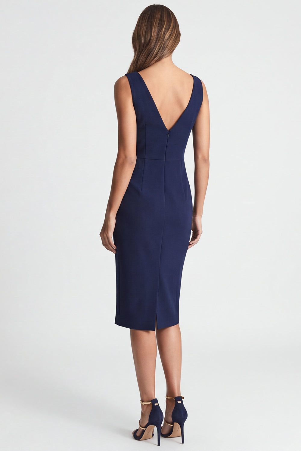 Robe de travail fourreau mi-longue asymétrique bleu marine avec fente