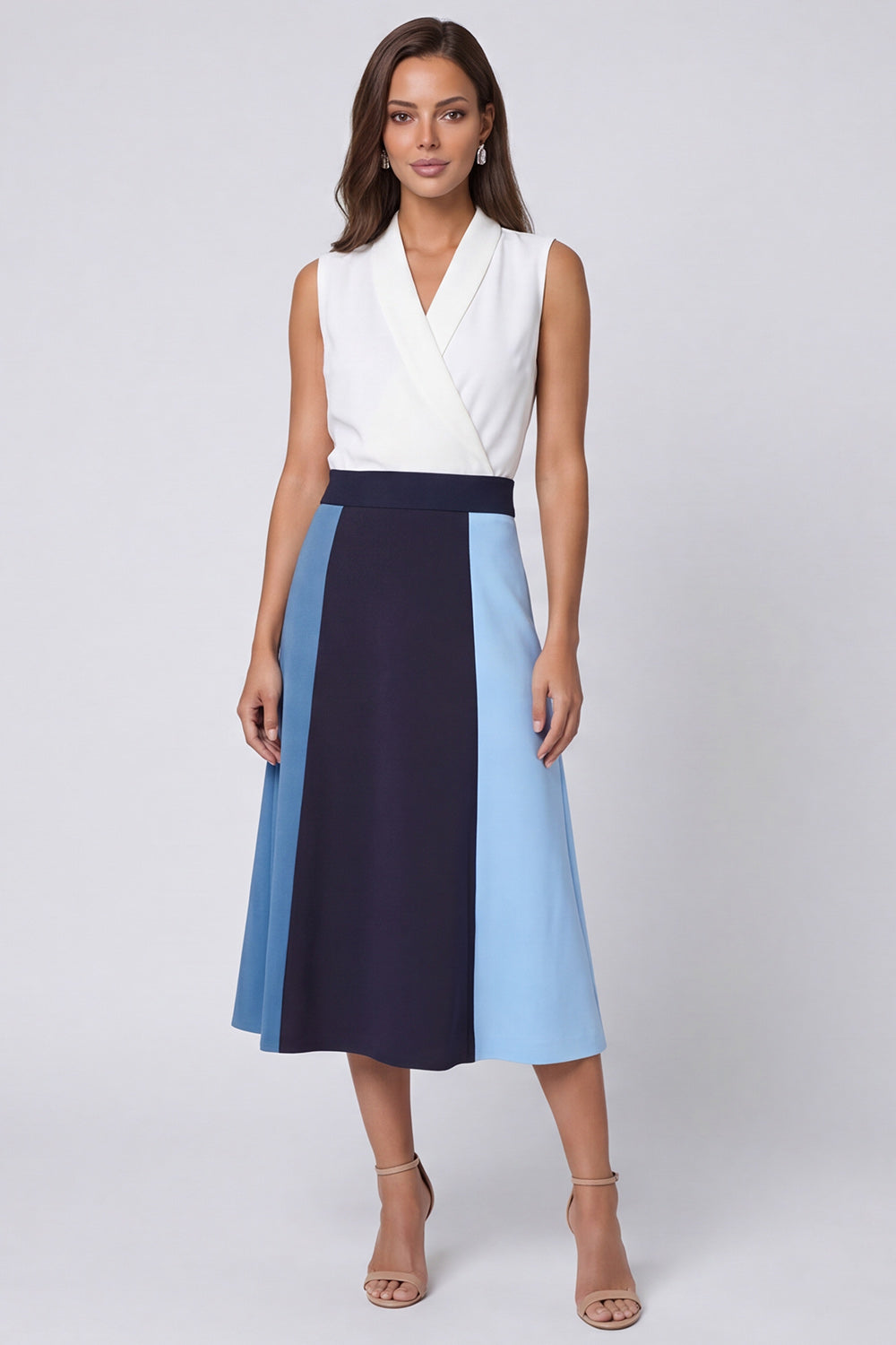 Ivory and Blue V-Neck A Line Midi Work Dress