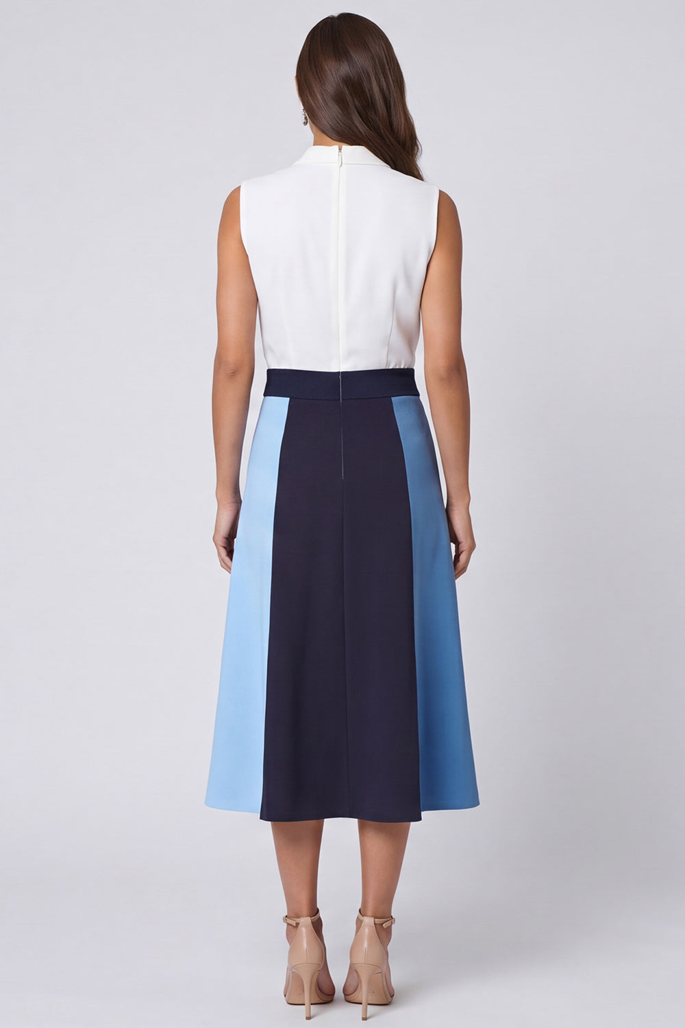 Ivory and Blue V-Neck A Line Midi Work Dress