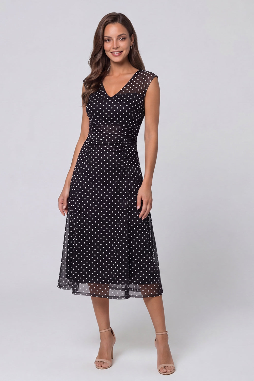 Black White Dot Mesh V-Neck A-Line Midi Work Dress