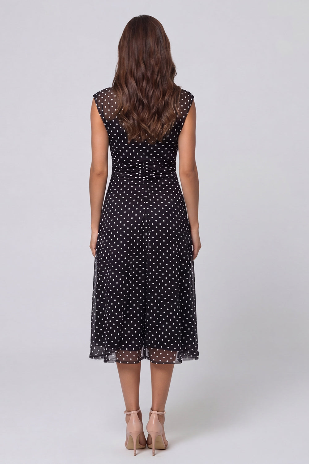 Black White Dot Mesh V-Neck A-Line Midi Work Dress