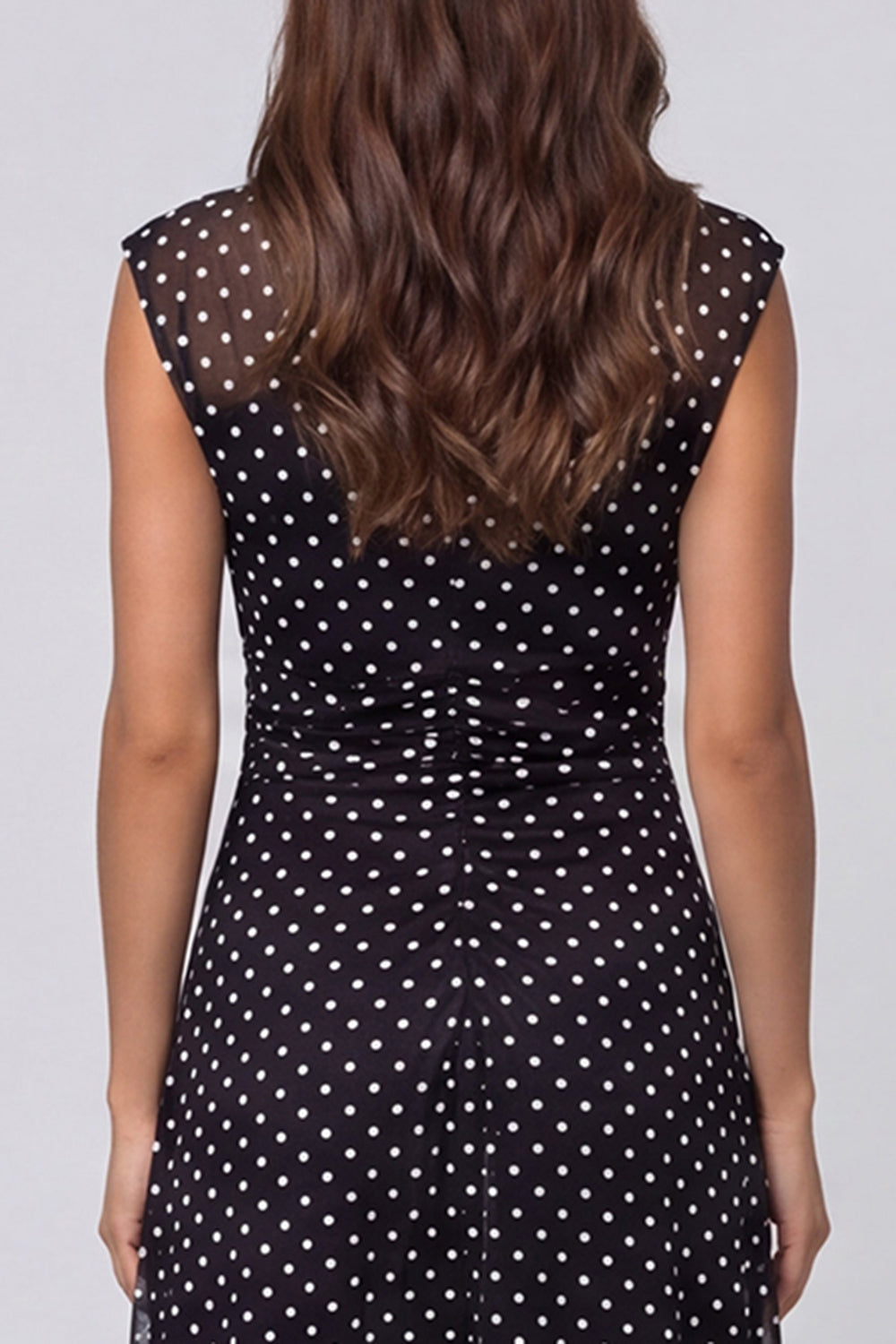 Black White Dot Mesh V-Neck A-Line Midi Work Dress