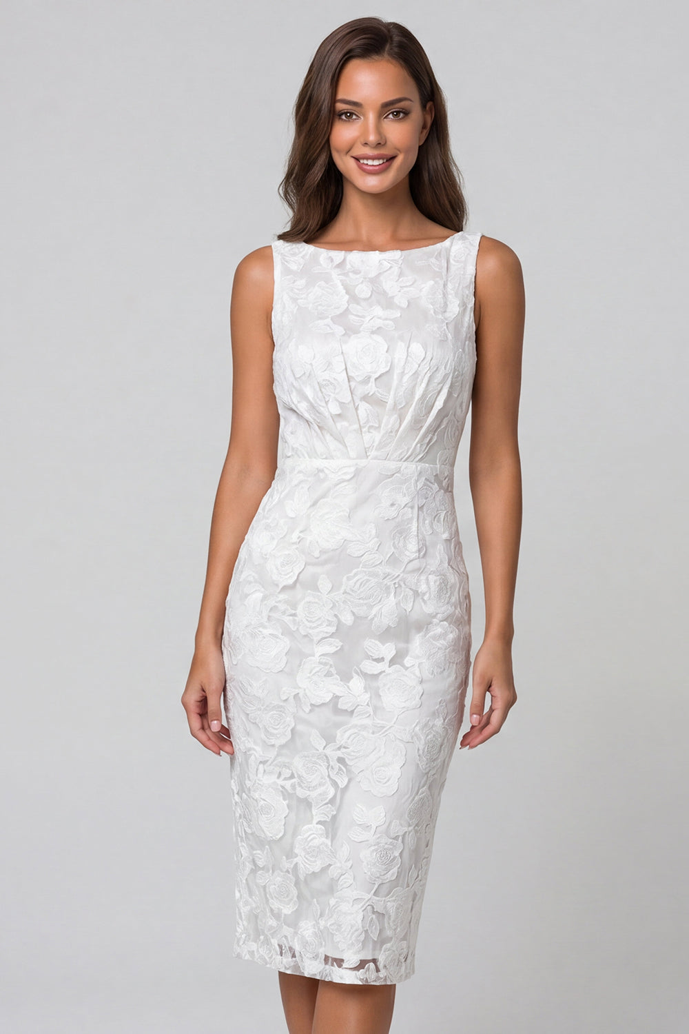Ivory Boat Neck Floral Ruched Sheath Midi Work Dress