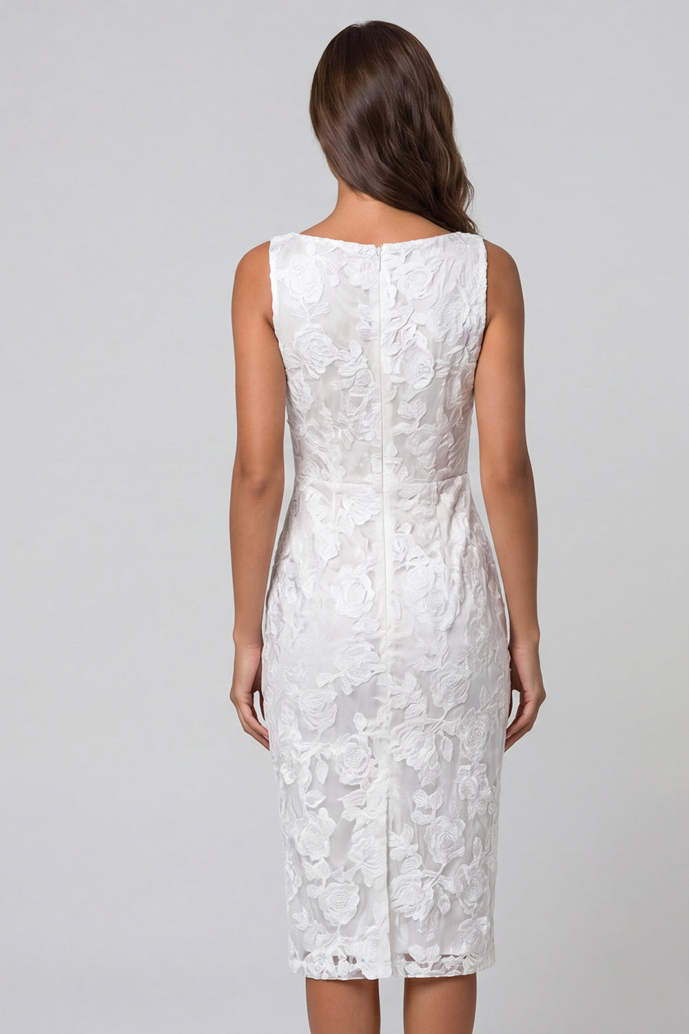 Ivory Boat Neck Floral Ruched Sheath Midi Work Dress