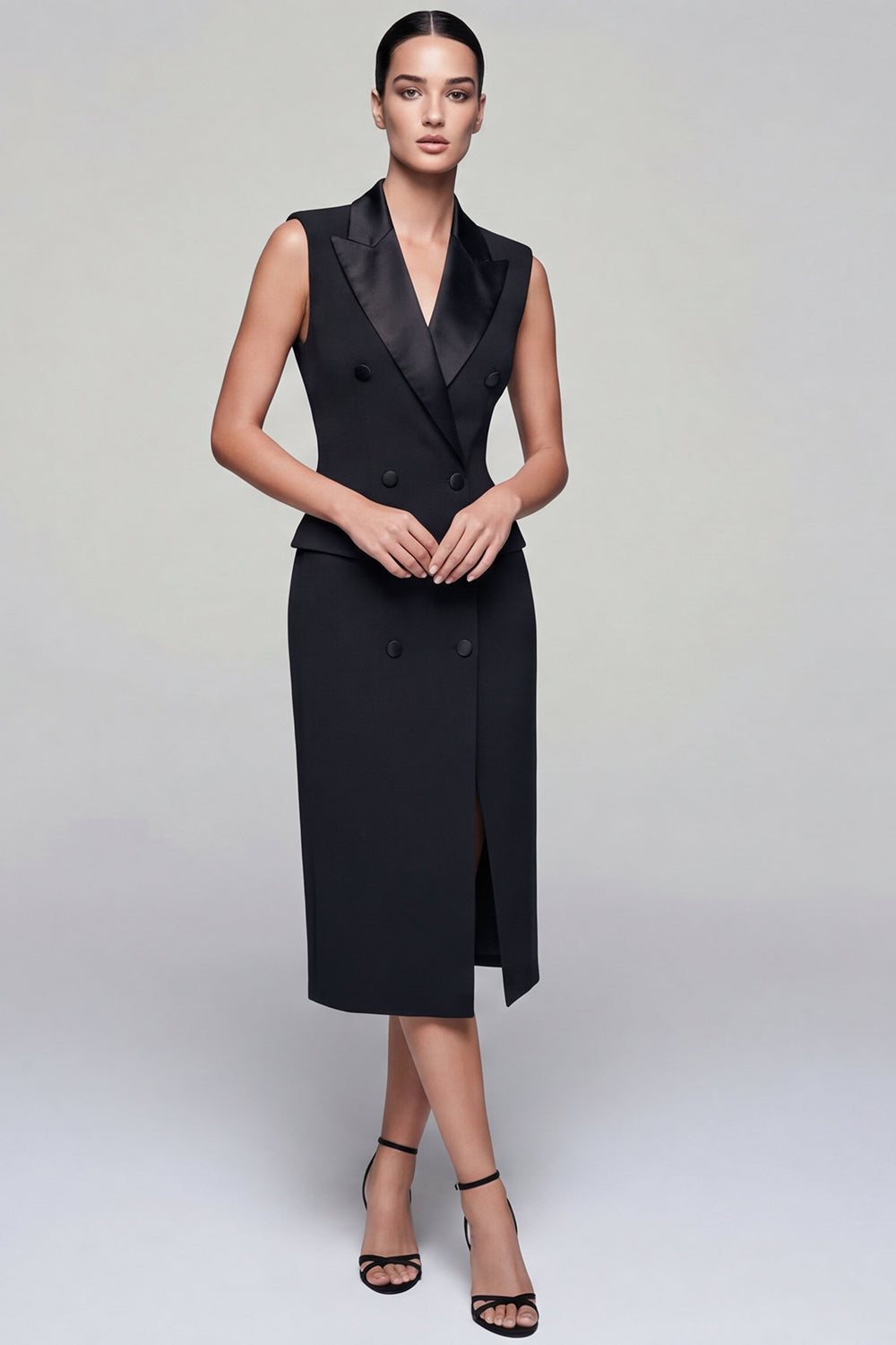 Robe de travail fourreau midi noire à double boutonnage et revers en pointe