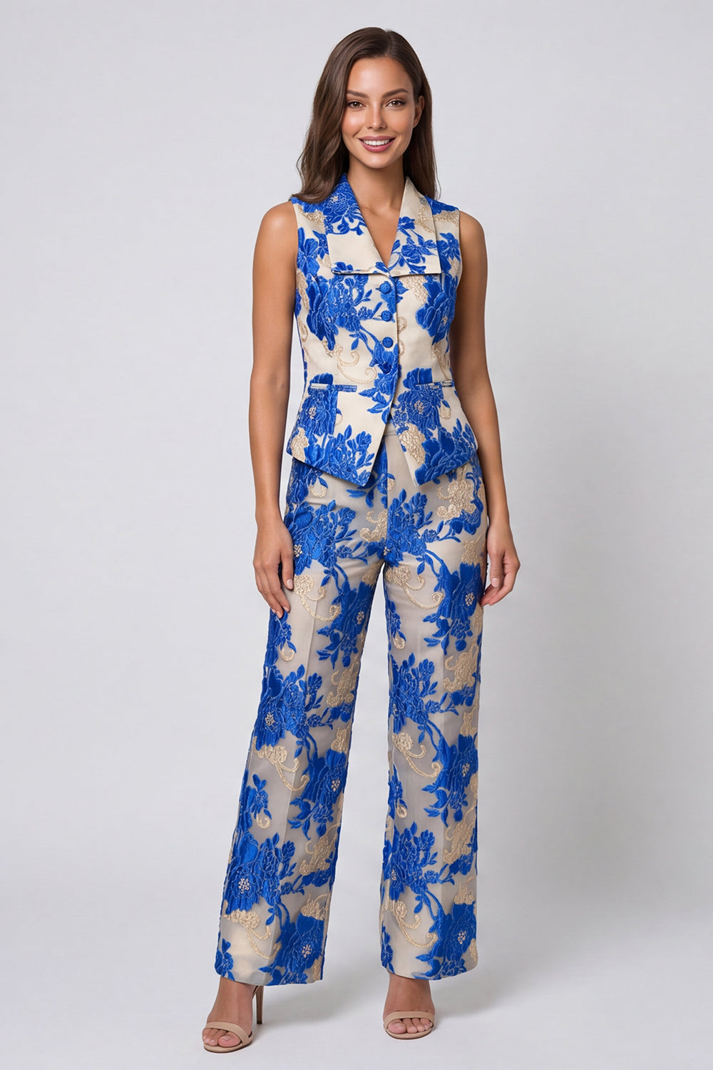 Costume de travail 2 pièces à revers châle floral bleu et boutonnage simple