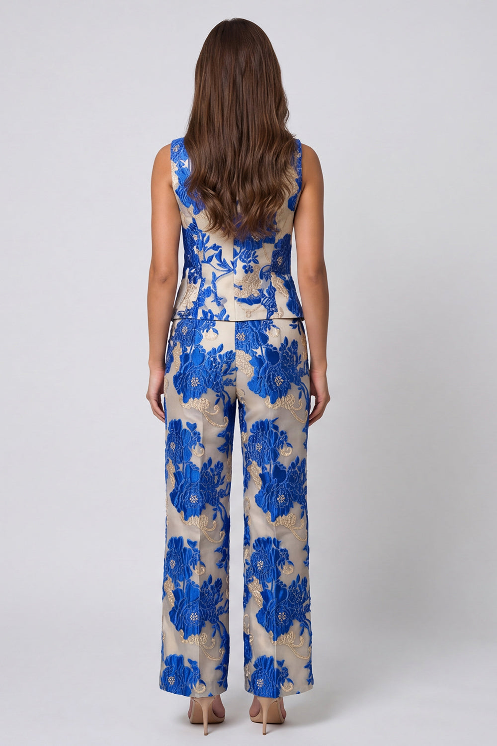 Costume de travail 2 pièces à revers châle floral bleu et boutonnage simple