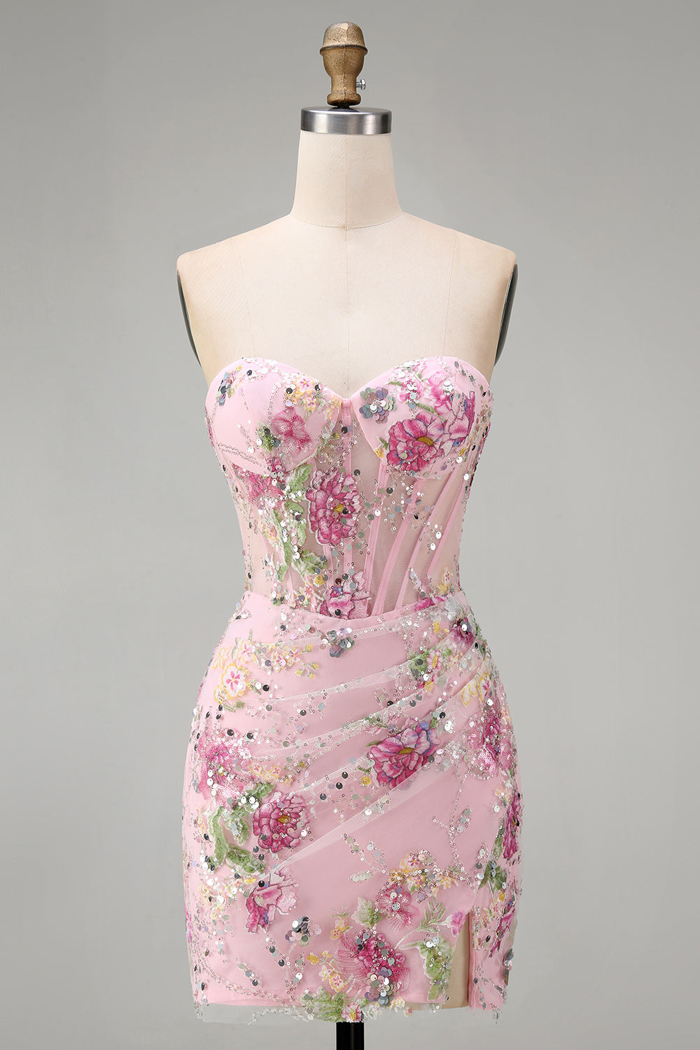 Pink Sweetheart Sheer Corset Bodycon Sequins Floral Homecoming Dress