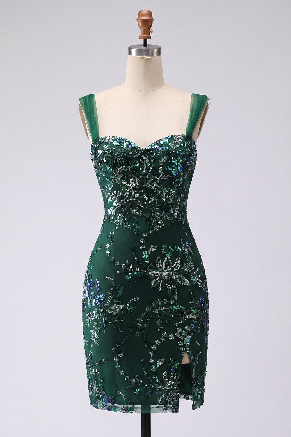 Sparkly Dark Green Bodycon Sequins Short Homecoming Dress with Slit