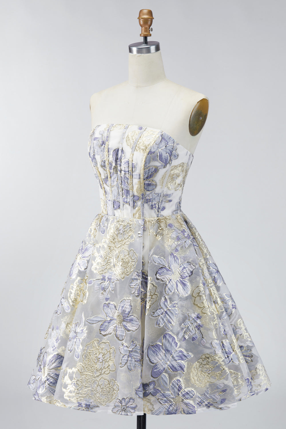 Robe de soirée courte Dusty Blue trapèze bustier à fleurs