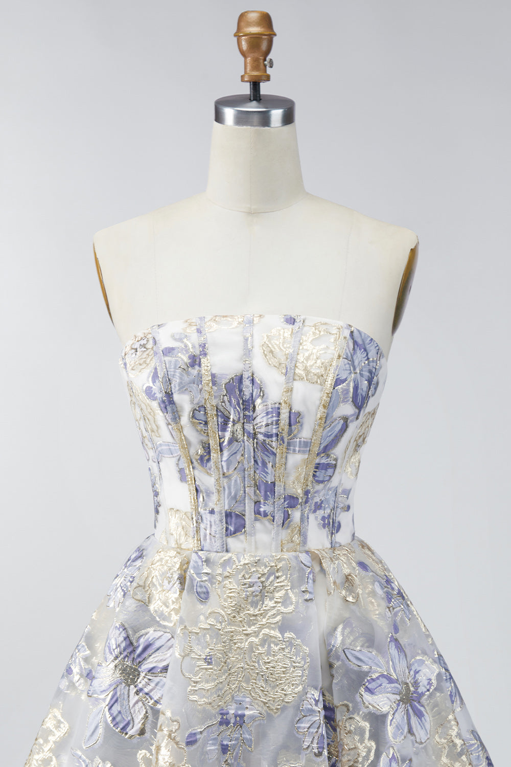 Robe de soirée courte Dusty Blue trapèze bustier à fleurs