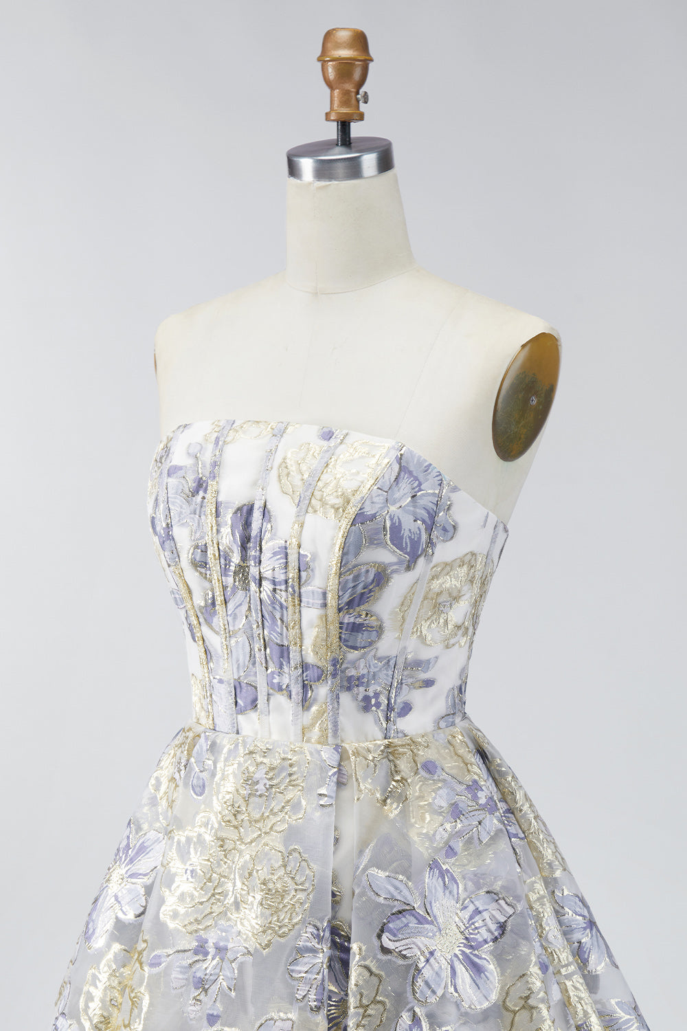 Robe de soirée courte Dusty Blue trapèze bustier à fleurs