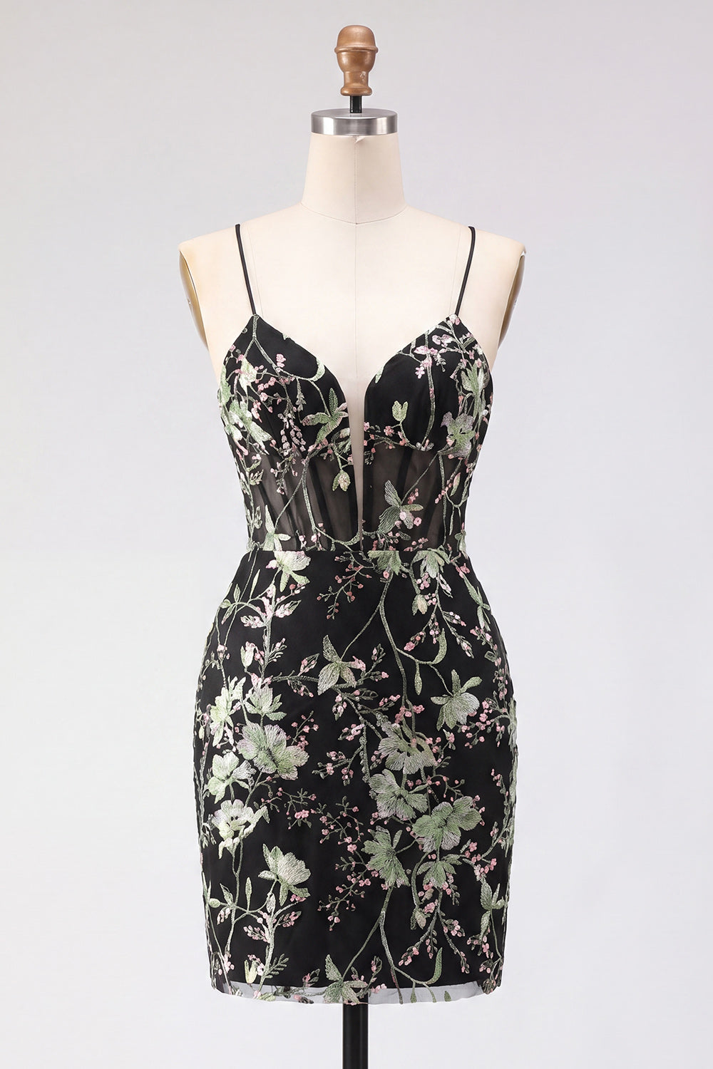 Yellow Bodycon Sheer Corset Floral Sequins Short Homecoming Dress with Lace-Up Back