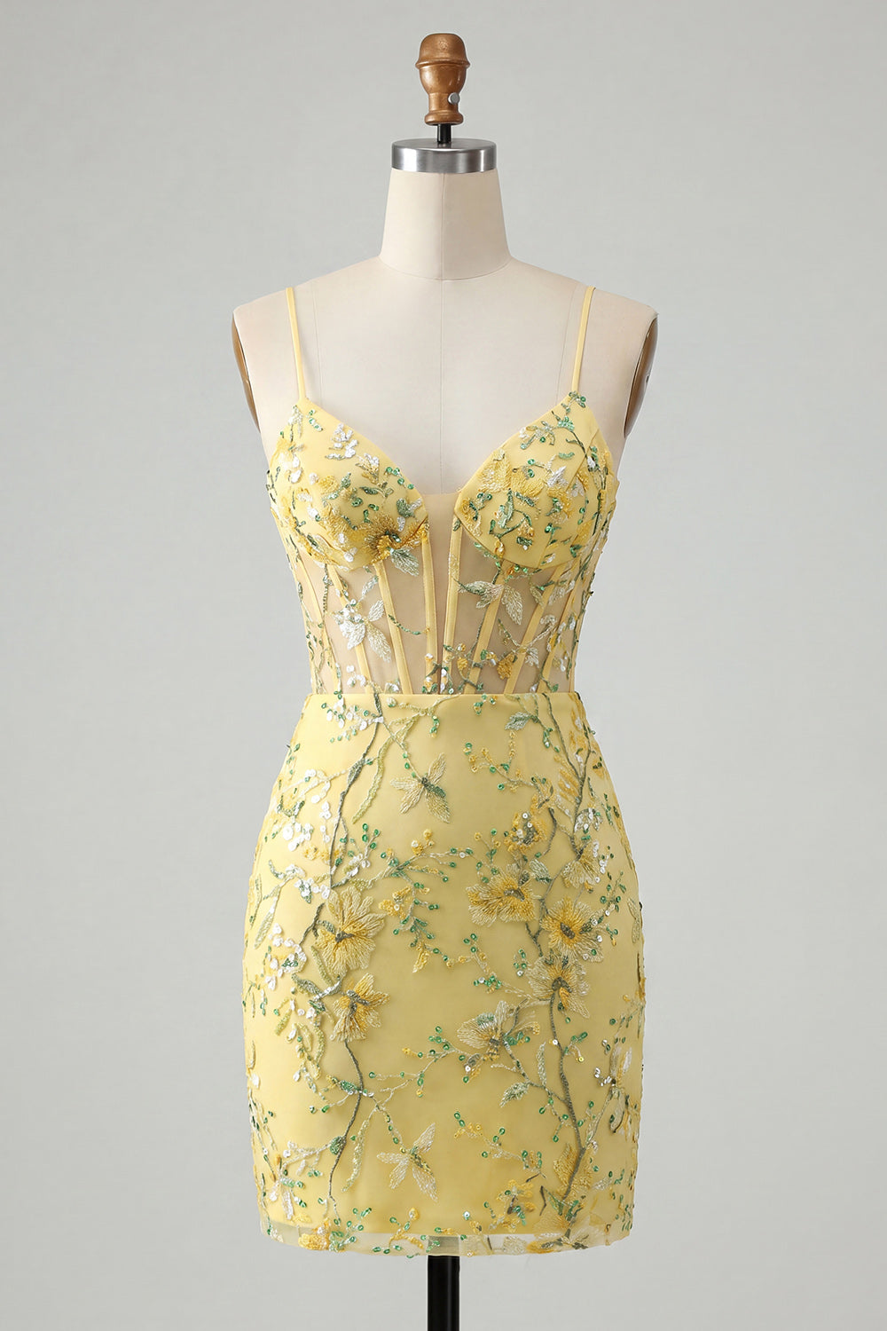 Yellow Bodycon Sheer Corset Floral Sequins Short Homecoming Dress with Lace-Up Back