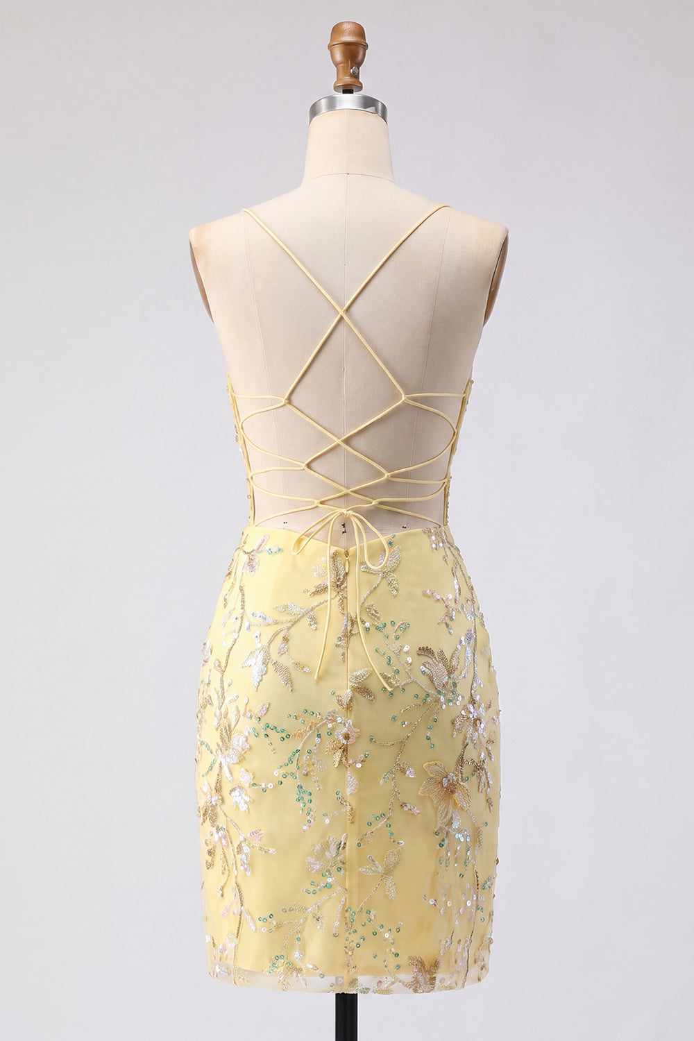 Yellow Bodycon Sheer Corset Floral Sequins Short Homecoming Dress with Lace-Up Back