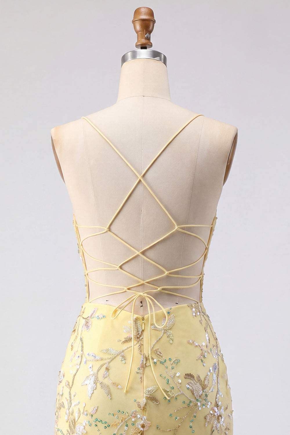 Yellow Bodycon Sheer Corset Floral Sequins Short Homecoming Dress with Lace-Up Back