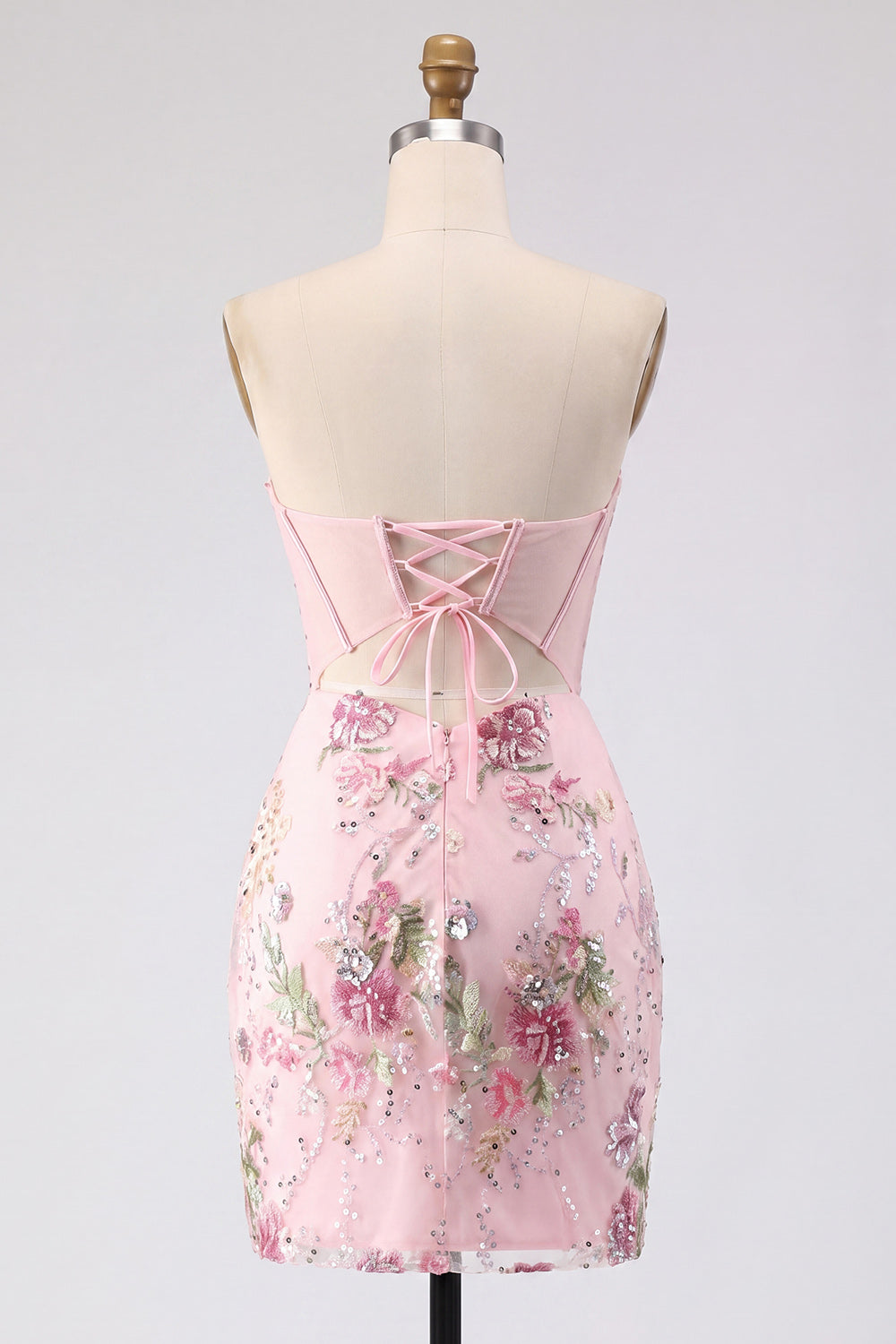 Vestido de regreso a casa ajustado con diseño floral rosa, corsé y lentejuelas