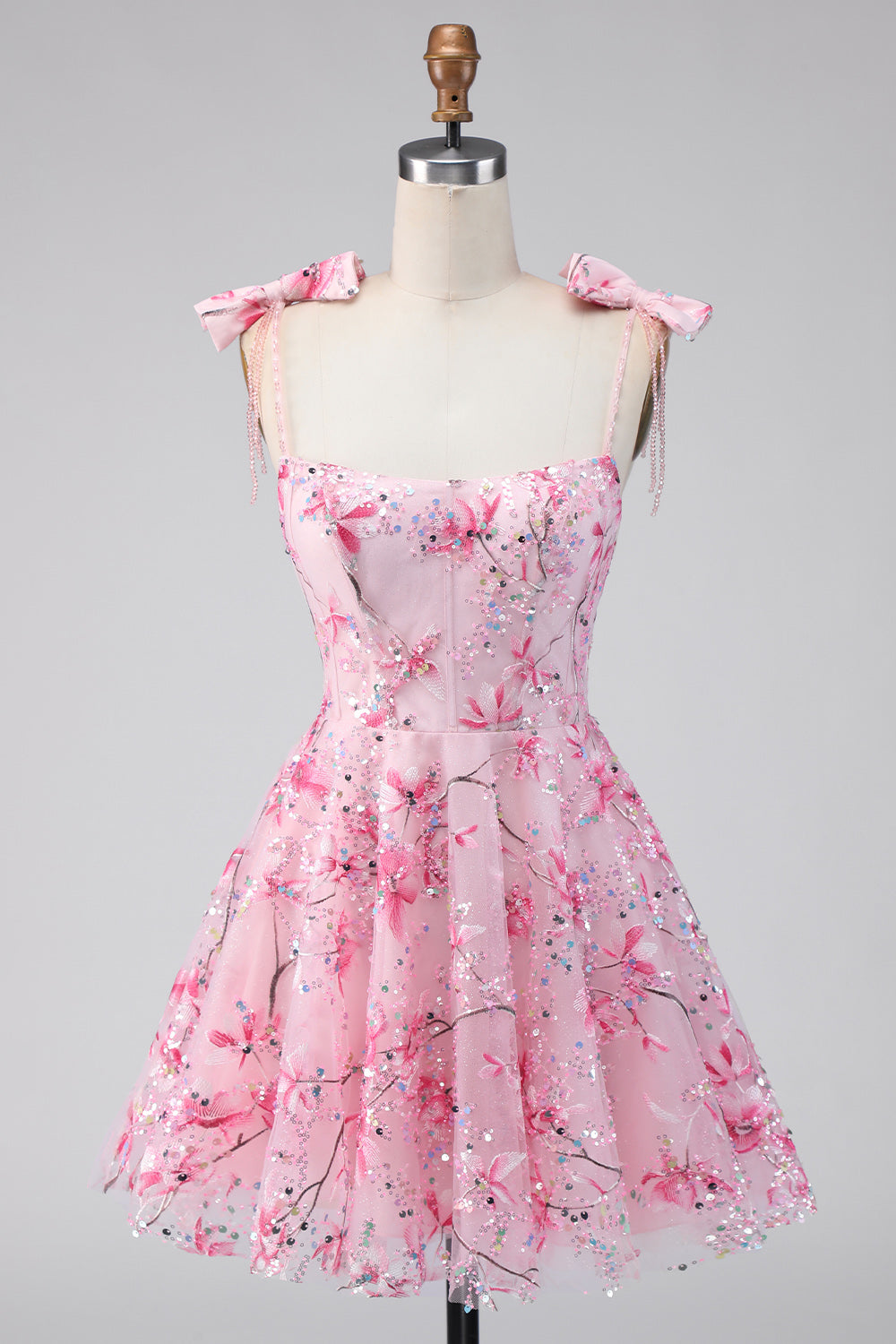 Floral Pink Sequin A Line Homecoming Dress