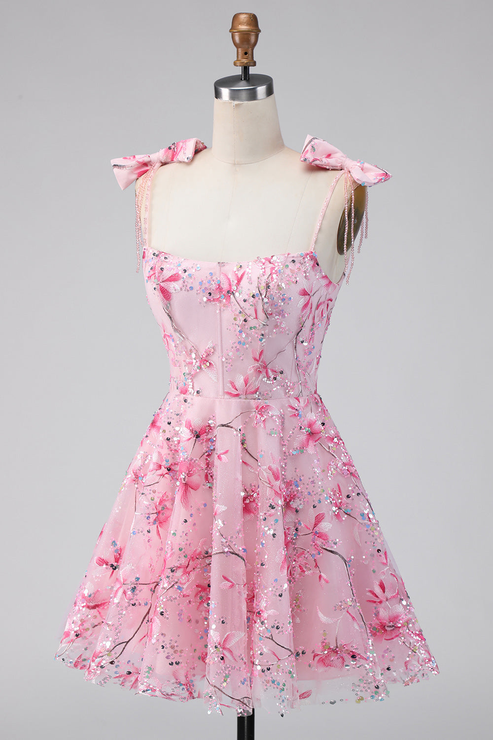 Floral Pink Sequin A Line Homecoming Dress