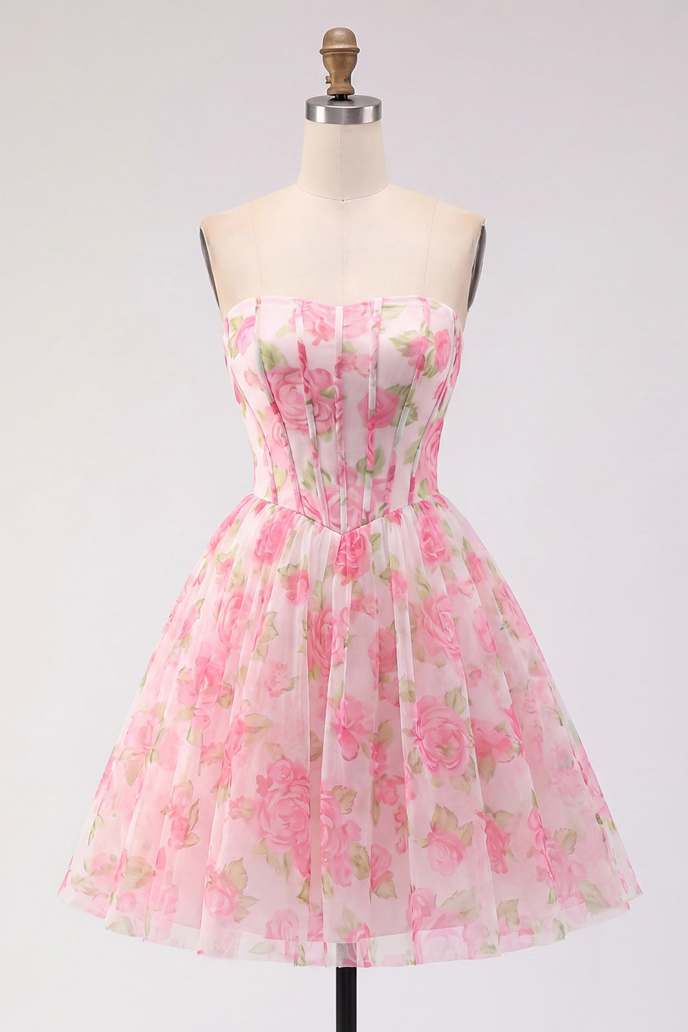 Strapless Corset A Line Pink Floral Homecoming Dress