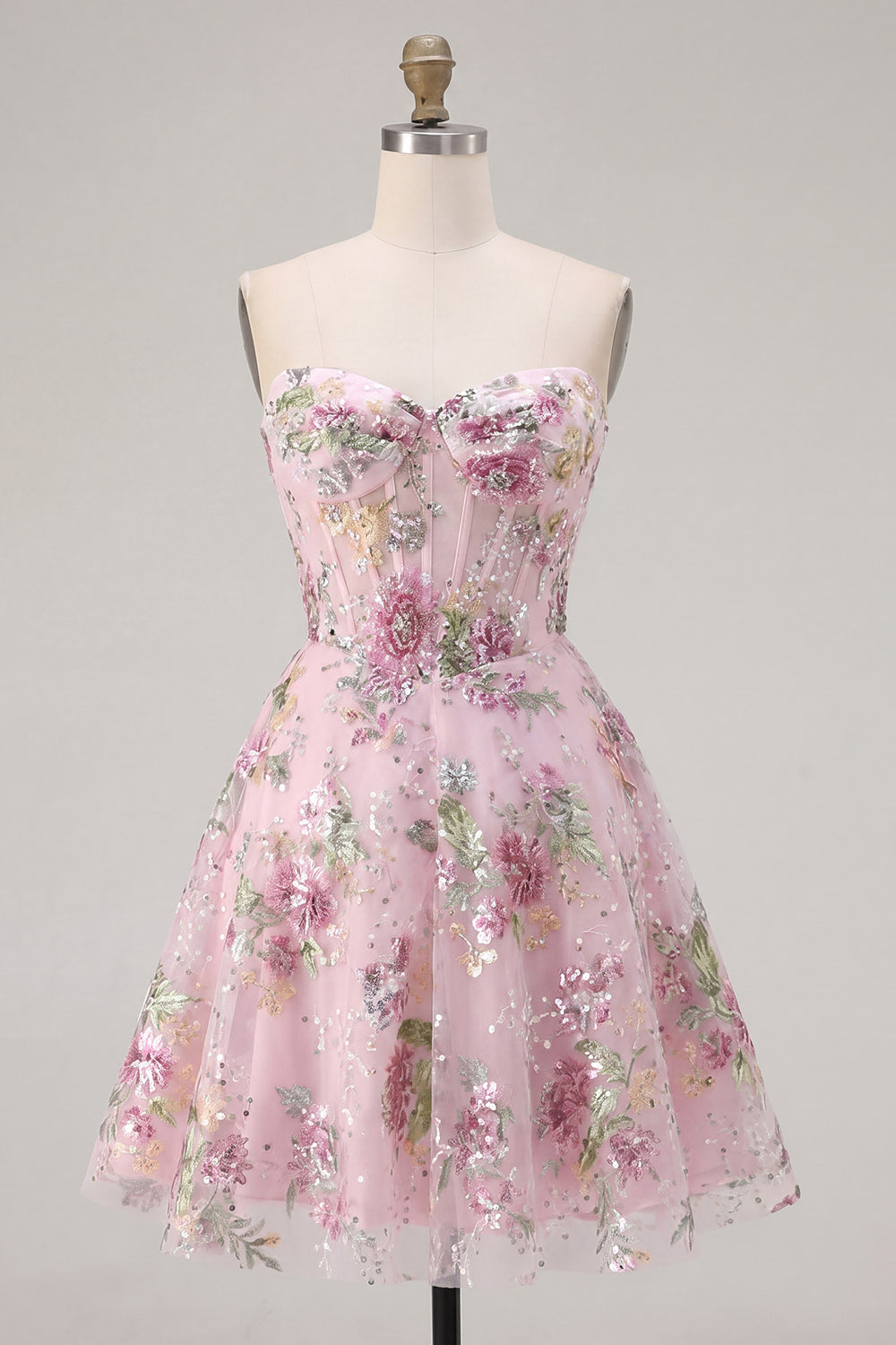 Robe de cocktail rose en forme de cœur, ligne A, corset, sequins et fleurs