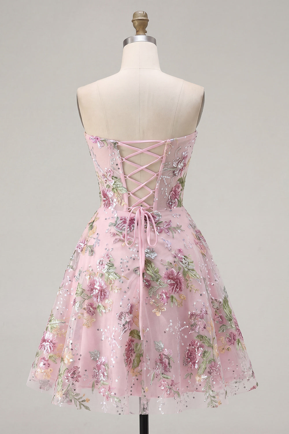 Robe de cocktail rose en forme de cœur, ligne A, corset, sequins et fleurs