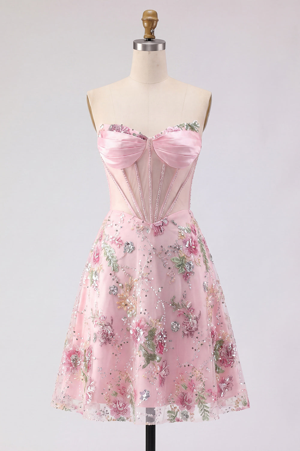 Robe de bal de fin d'année florale en tulle corset transparent à sequins, rose, coupe trapèze, col cœur