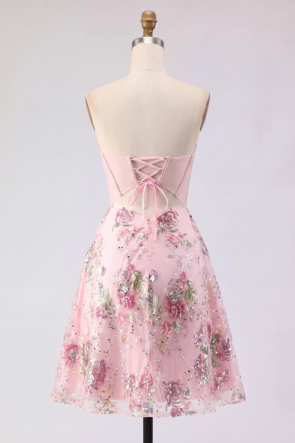 Robe de bal de fin d'année florale en tulle corset transparent à sequins, rose, coupe trapèze, col cœur