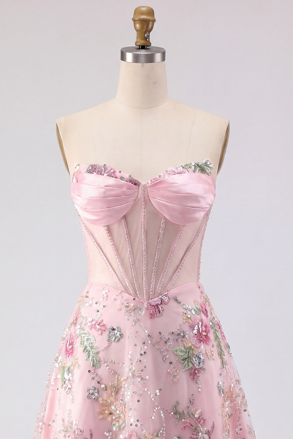 Robe de bal de fin d'année florale en tulle corset transparent à sequins, rose, coupe trapèze, col cœur