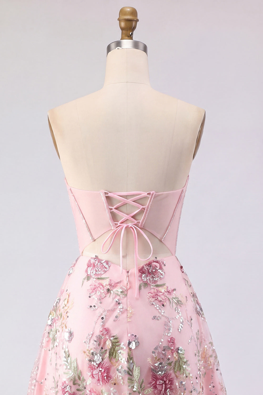 Robe de bal de fin d'année florale en tulle corset transparent à sequins, rose, coupe trapèze, col cœur