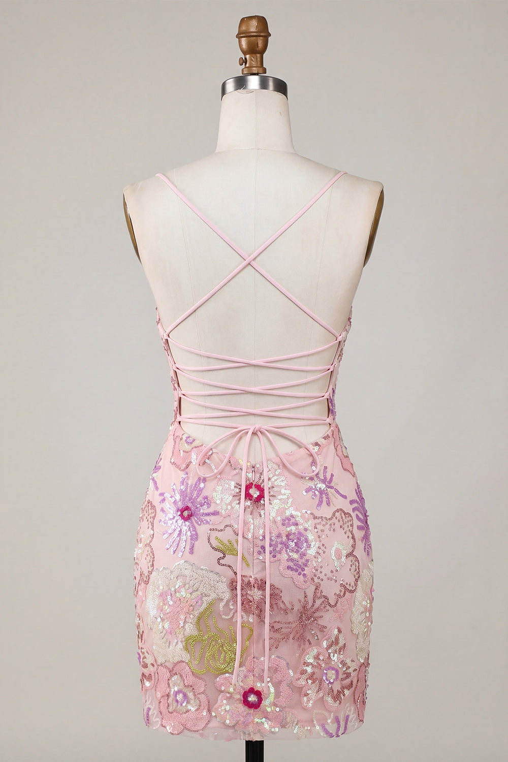 Sparkly Pink Spaghetti Straps Floral Sequins Homecoming Dress