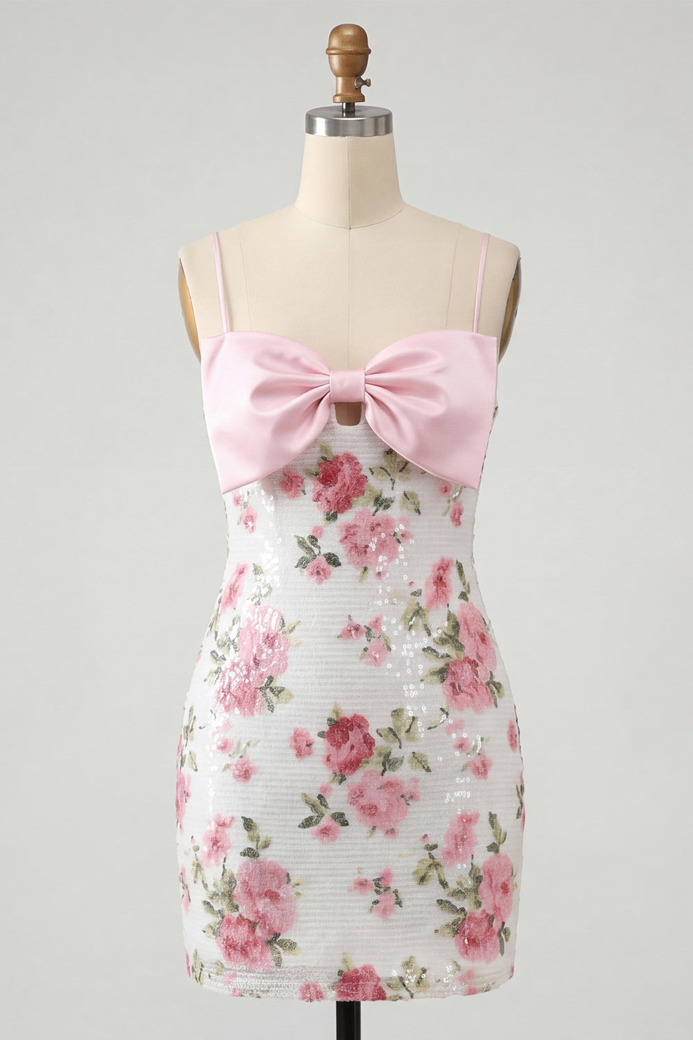 Bodycon Light Pink Floral Sequin Homecoming Dress with Bow