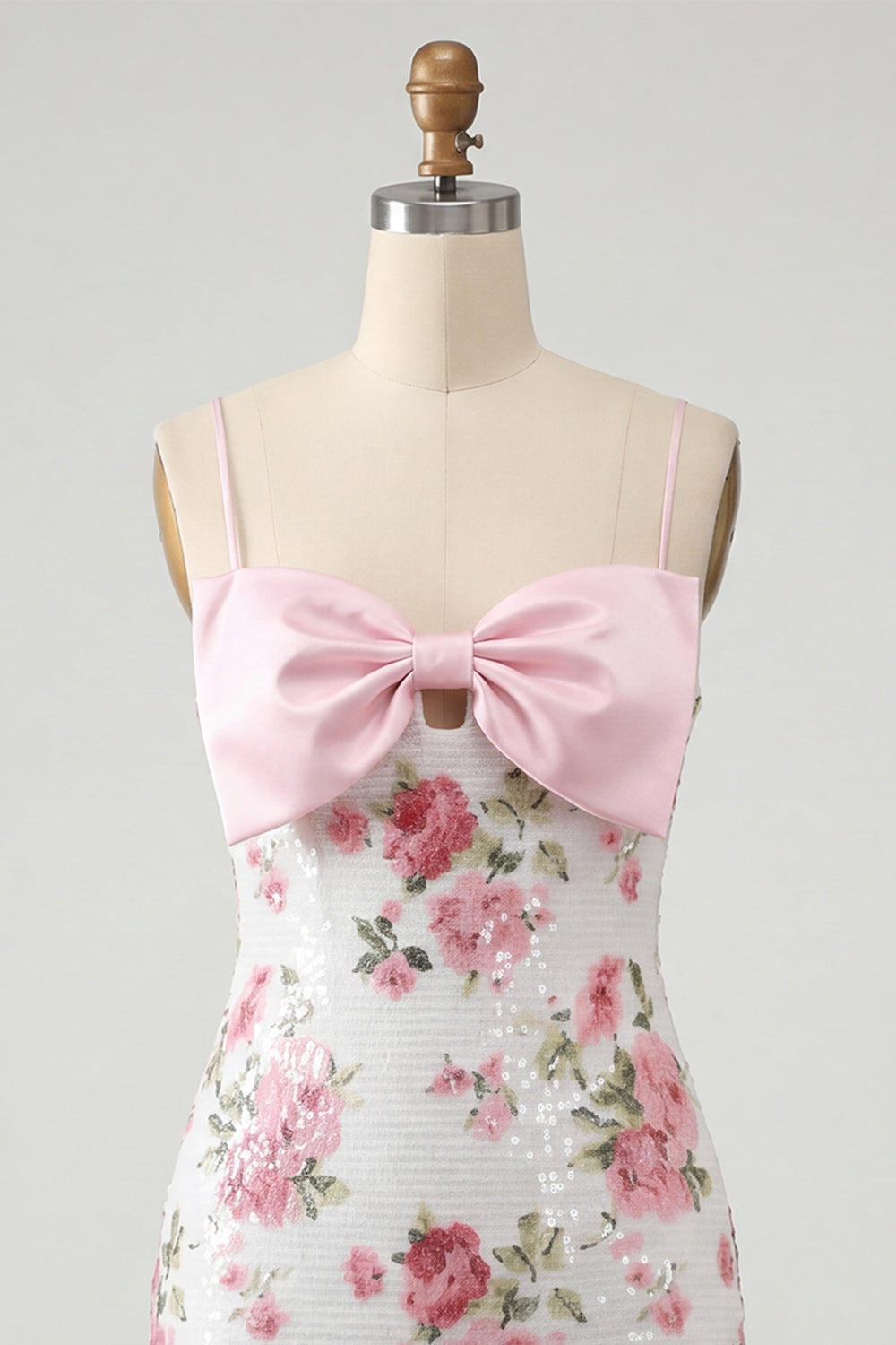Bodycon Light Pink Floral Sequin Homecoming Dress with Bow