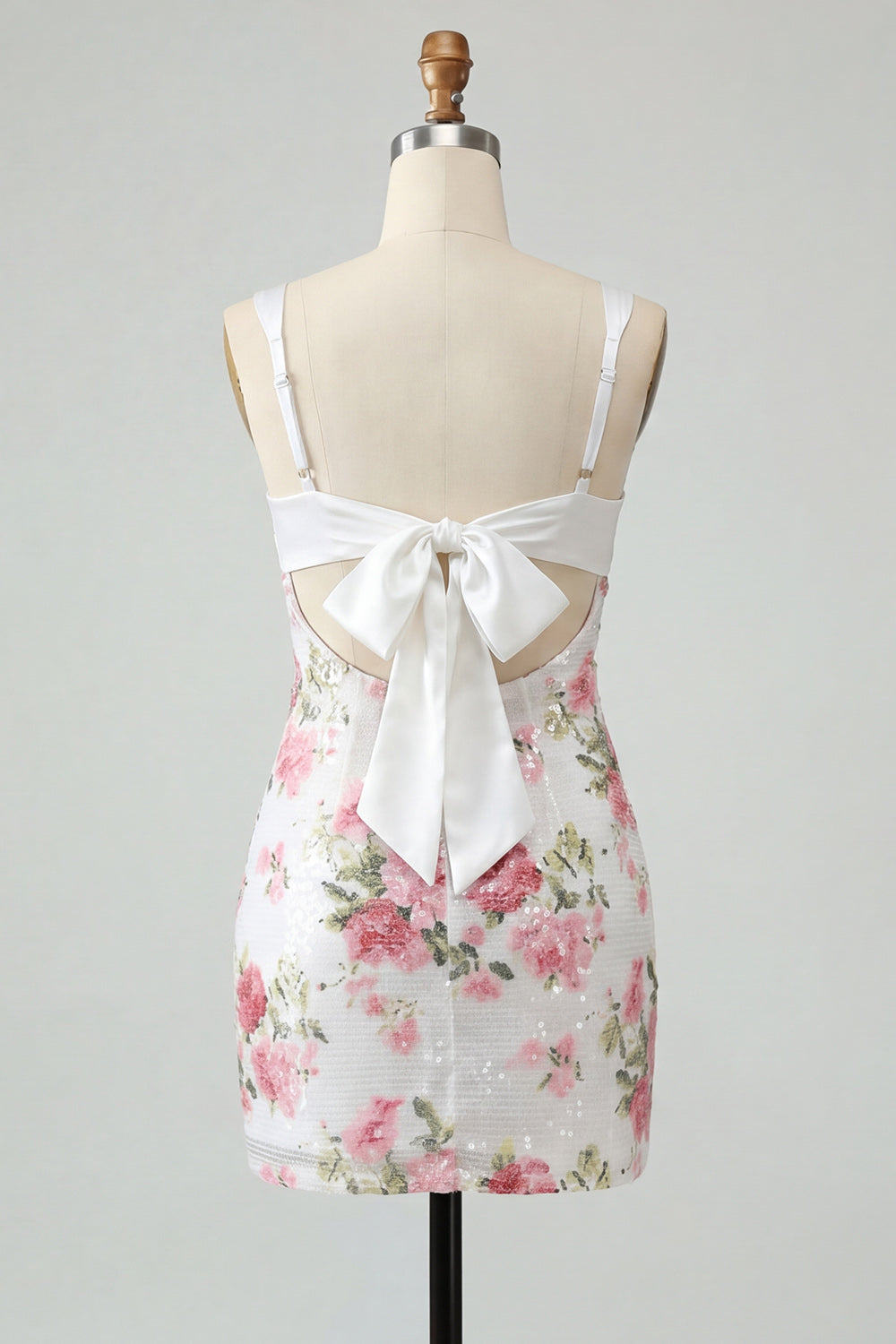 Ivory Floral Bodycon Sequin Ruched Homecoming Dress with Bow