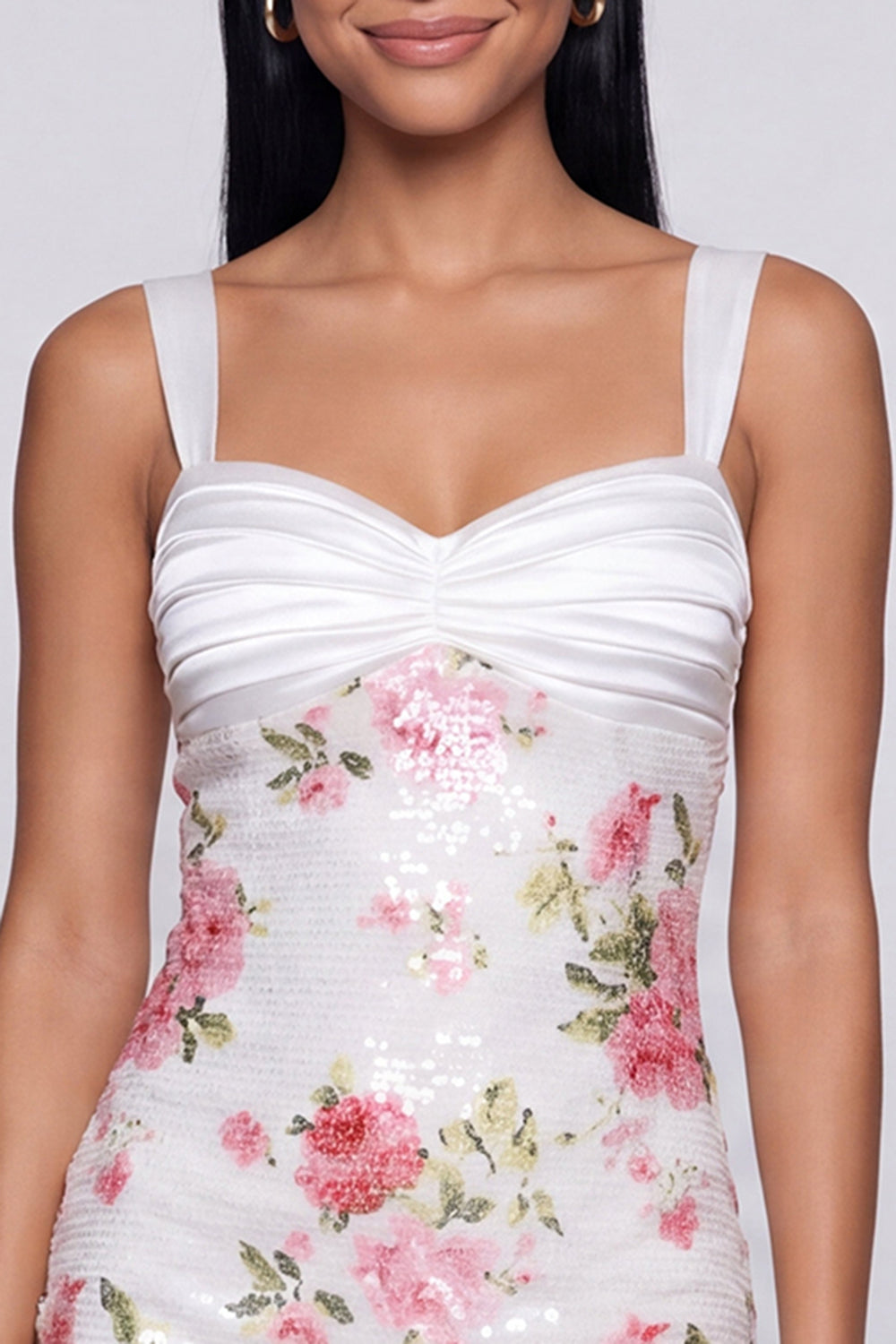 Ivory Floral Bodycon Sequin Ruched Homecoming Dress with Bow