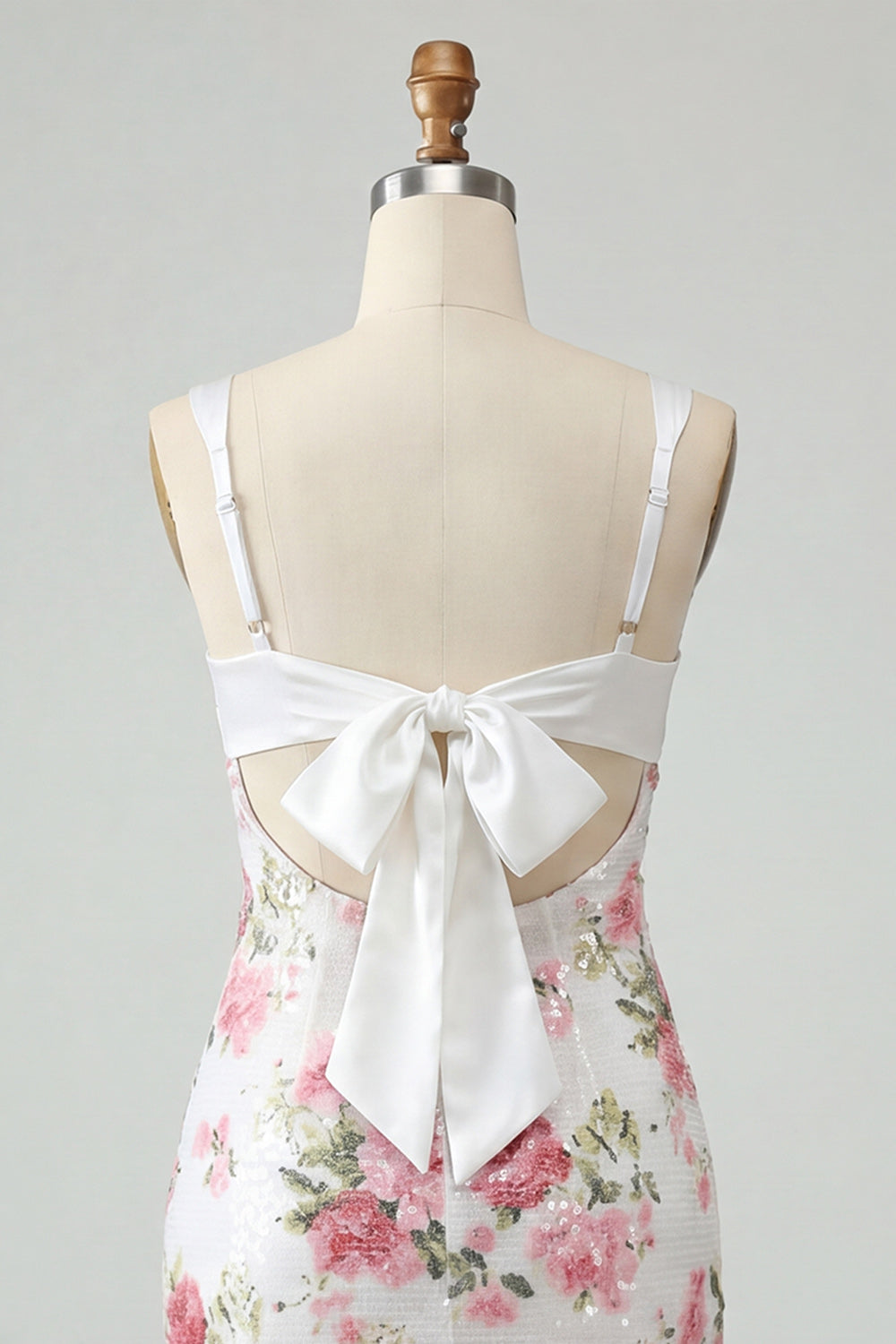 Ivory Floral Bodycon Sequin Ruched Homecoming Dress with Bow