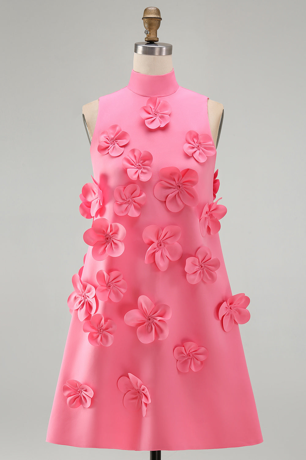 Hot Pink High Neck A-Line Homecoming Dress with 3D Flowers