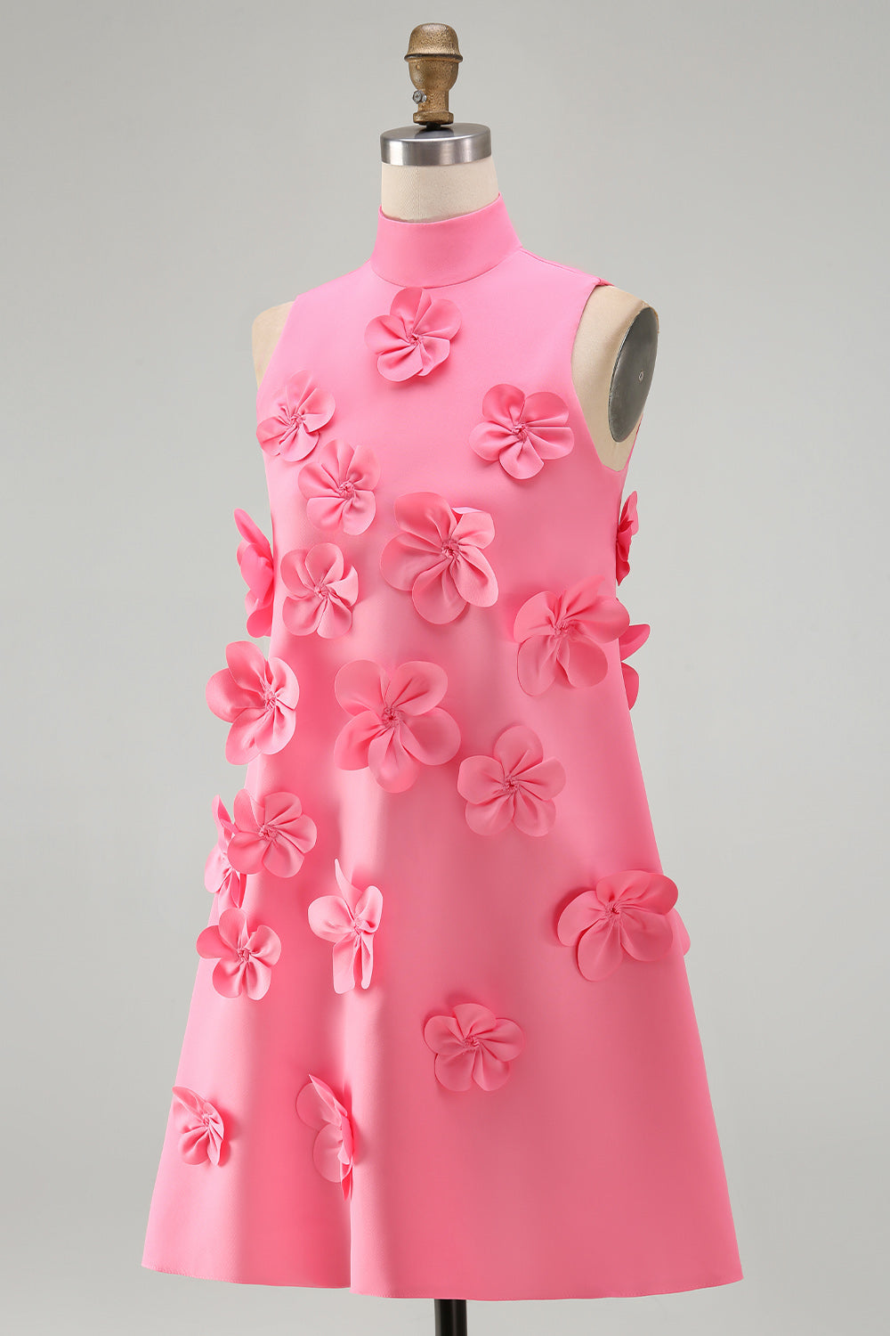 Hot Pink High Neck A-Line Homecoming Dress with 3D Flowers