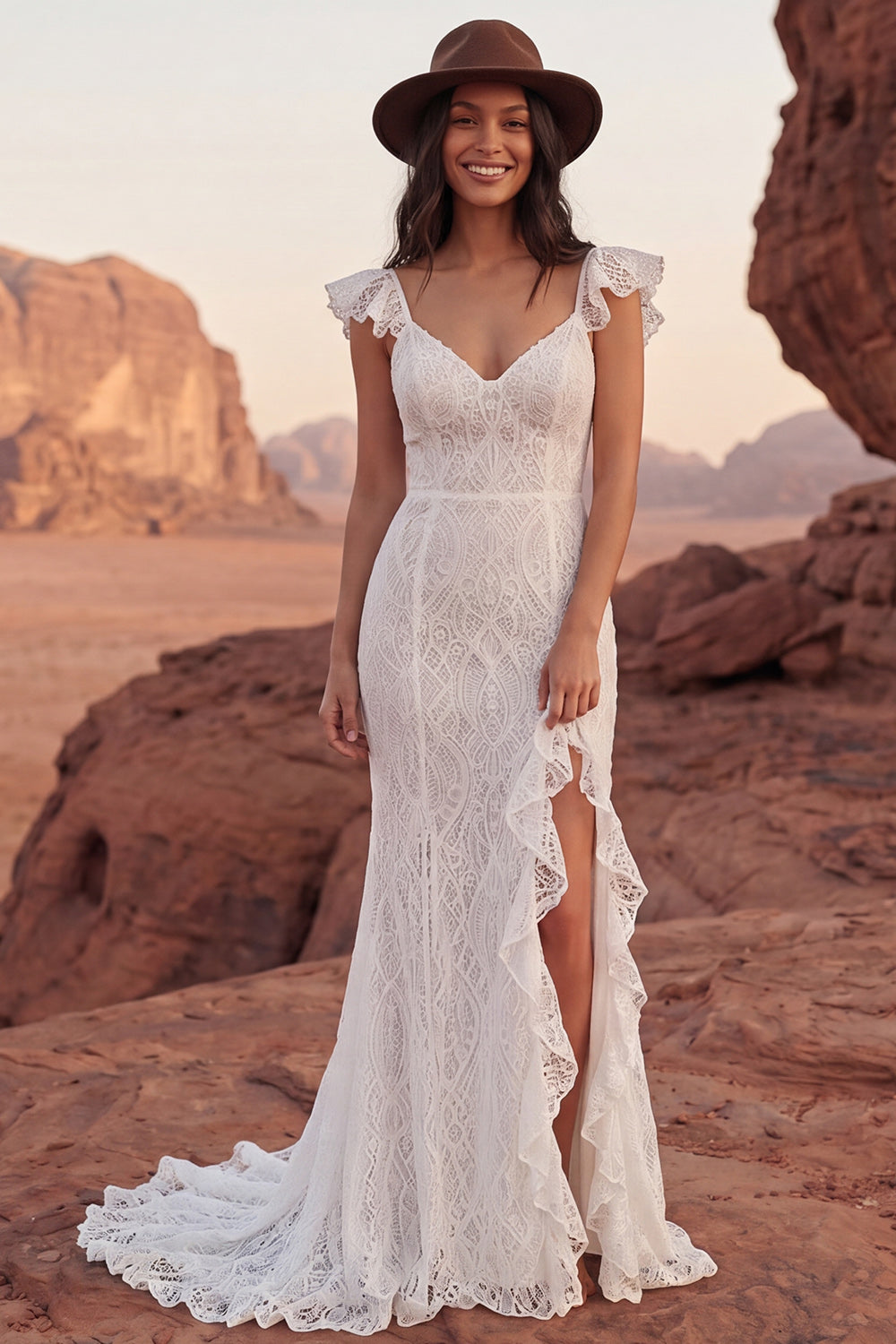 Ivory Lace Mermaid Ruffled Boho Wedding Dress with Slit