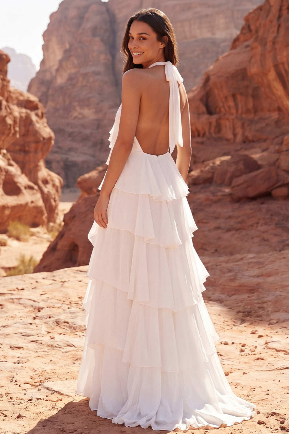 Halter Ruffled Ivory A Line Boho Wedding Dress