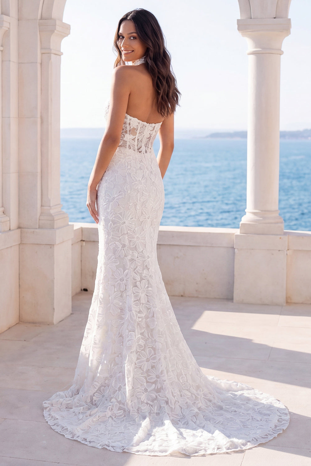 Halter Ivory Mermaid Floral Sweep Train Wedding Dress