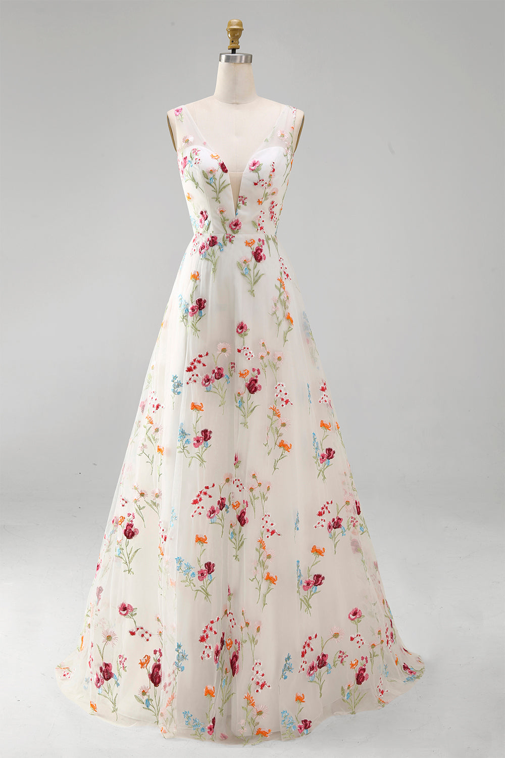 Robe de mariée évasée en ivoire à col en V à motif floral