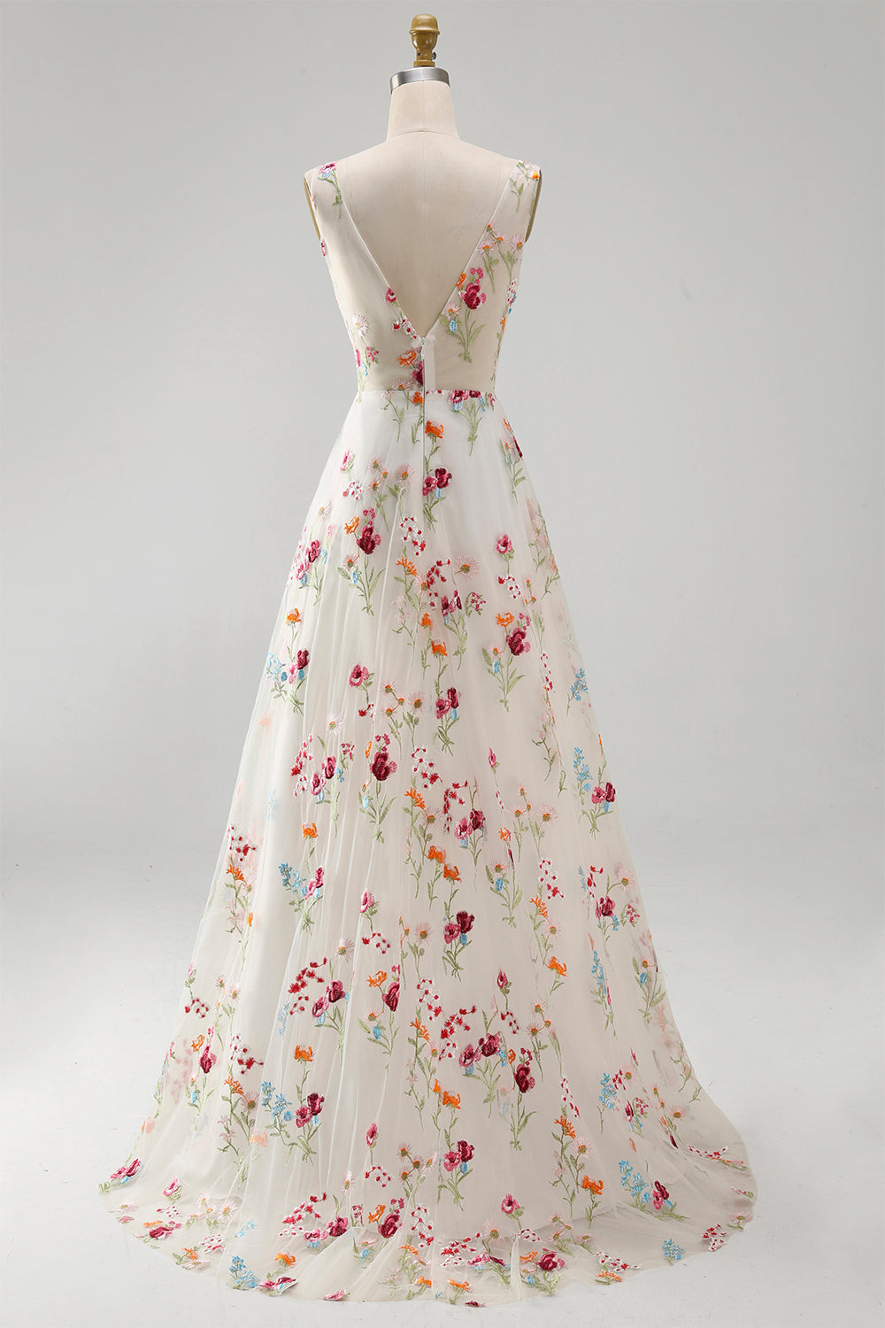 Robe de mariée évasée en ivoire à col en V à motif floral