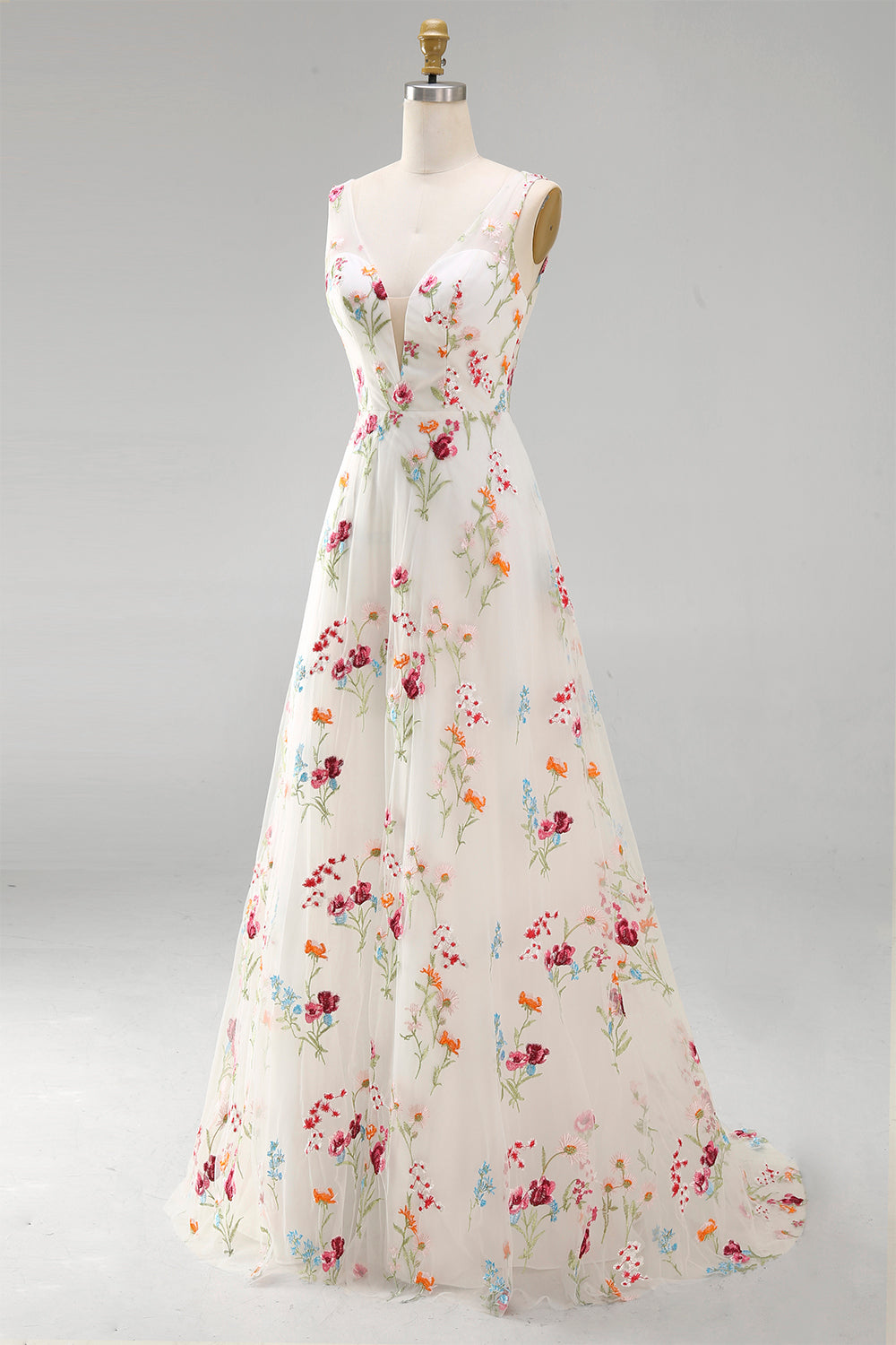 Robe de mariée évasée en ivoire à col en V à motif floral