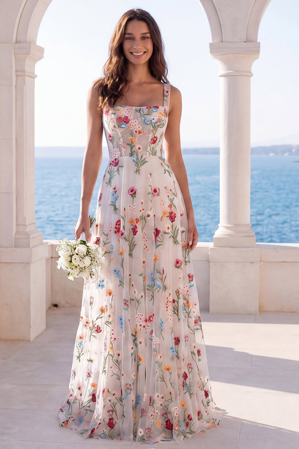 Ivory A-Line Square Neck Corset Floral Wedding Dress