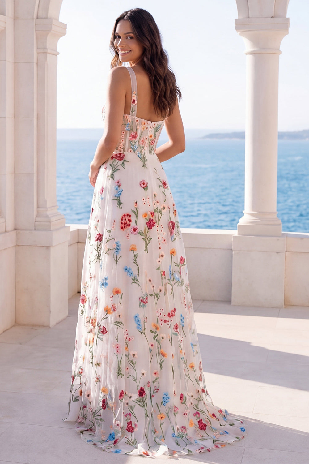 Ivory A-Line Square Neck Corset Floral Wedding Dress