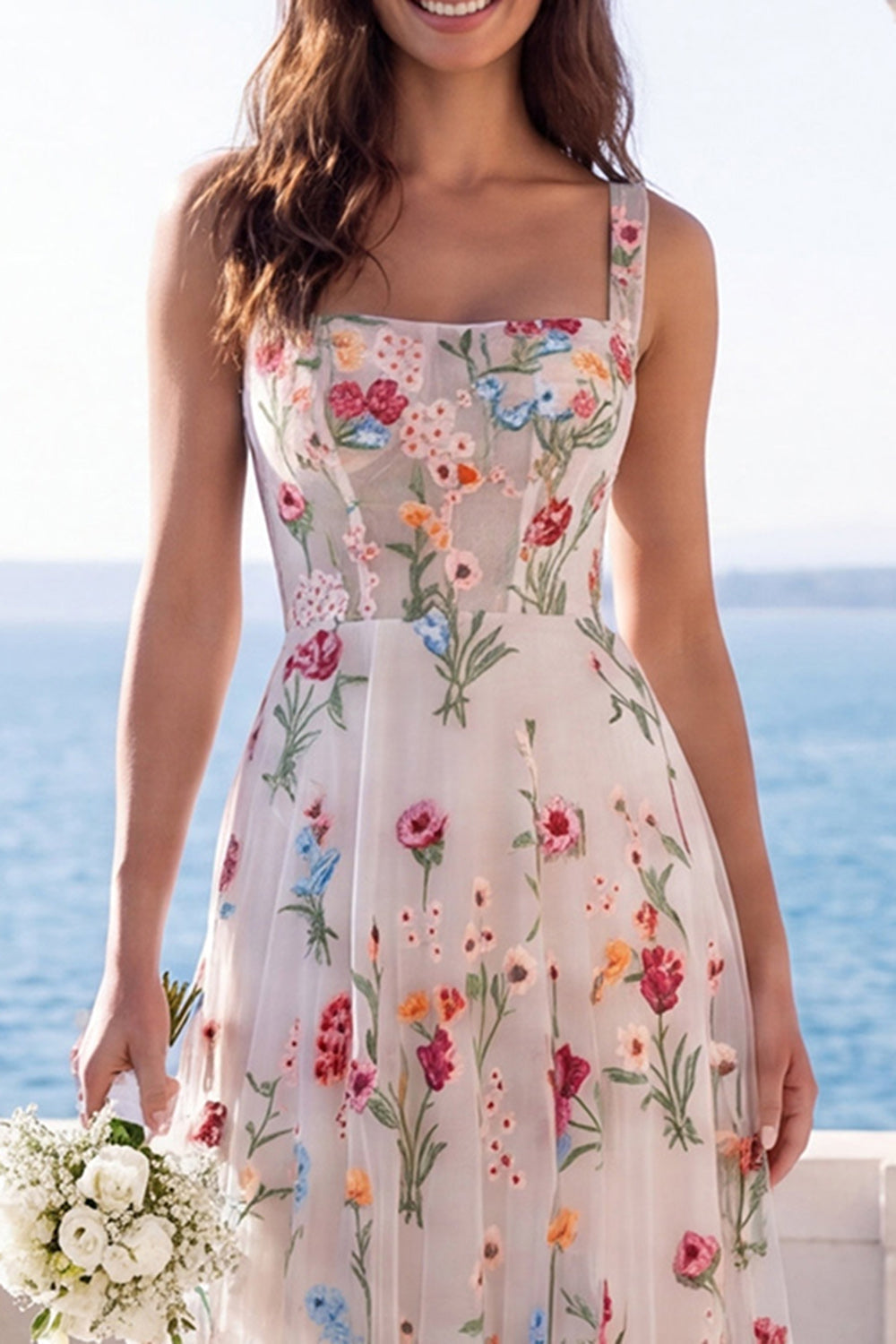Ivory A-Line Square Neck Corset Floral Wedding Dress